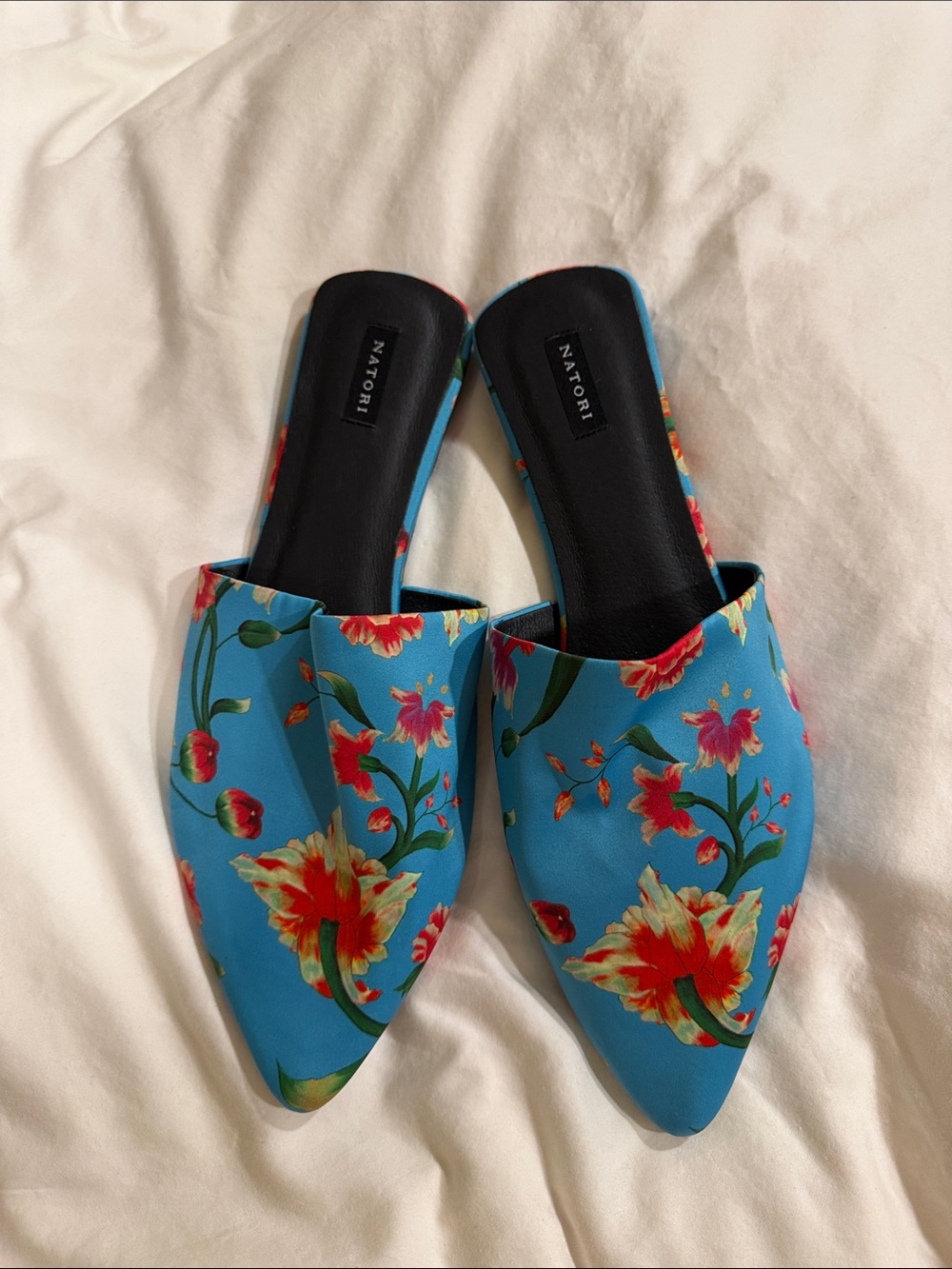 Natori Turquoise Floral Pointed-Toe Slip-On Mules